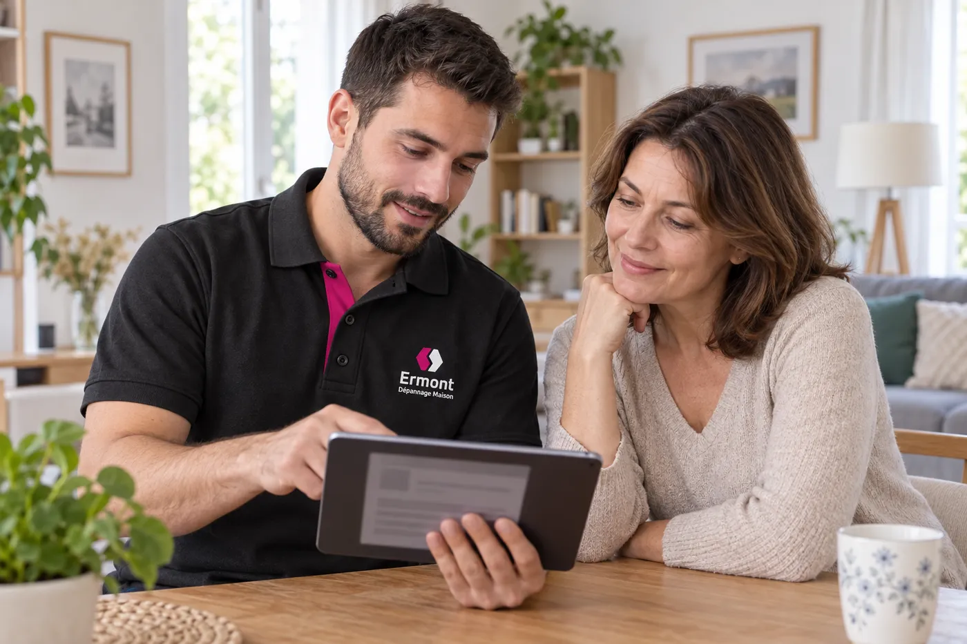 Technicien présentant un devis sur tablette à une habitante avant les travaux