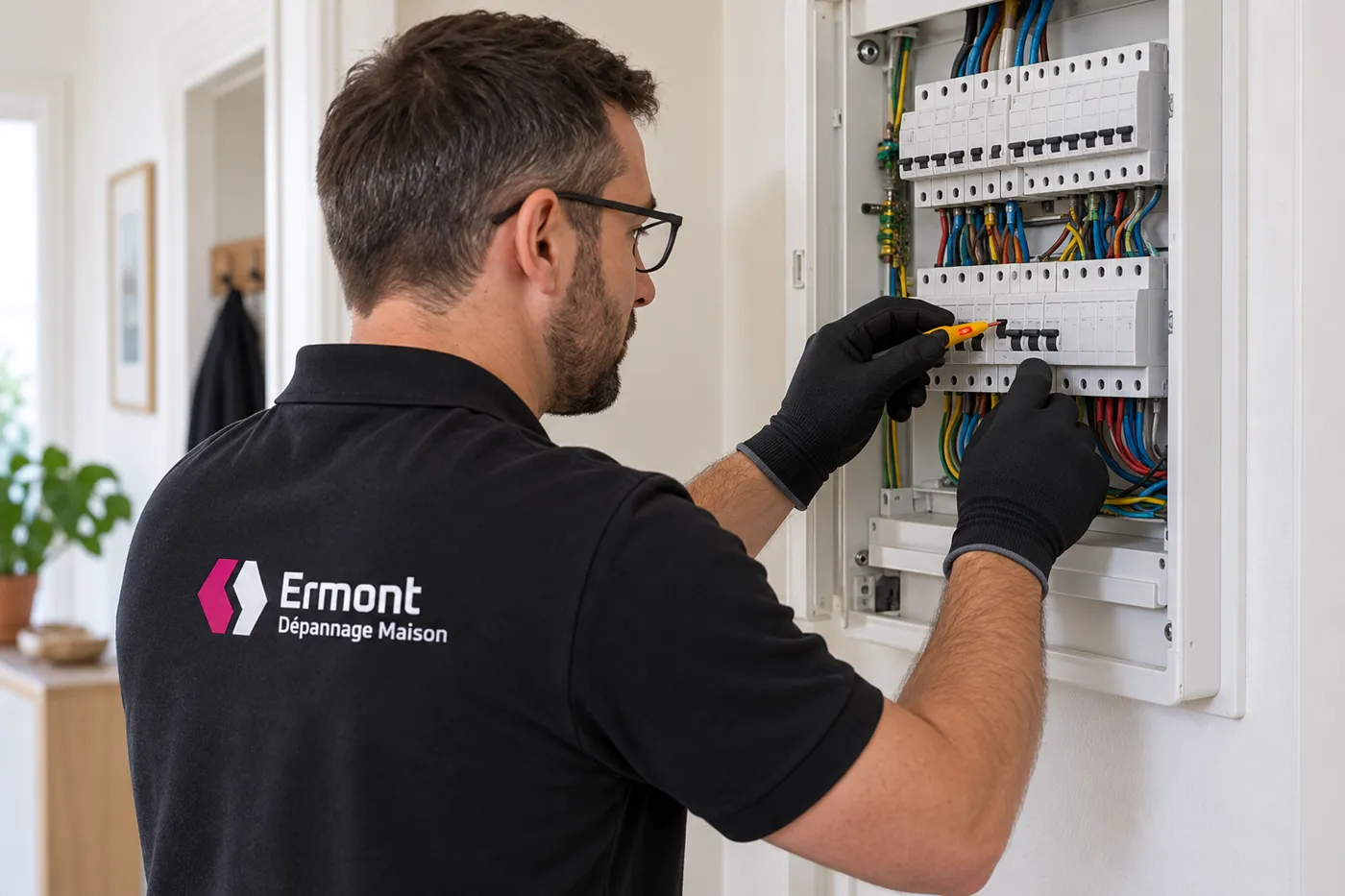 Technicien en gants isolants vérifiant un disjoncteur au tableau électrique d’un appartement